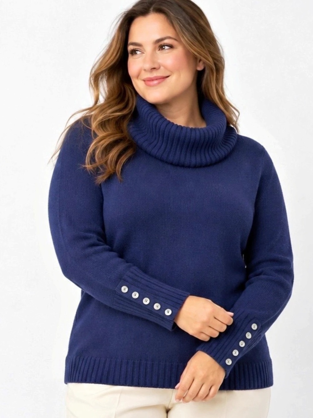 Tweeds Women’s XL Navy 100% Italian Merino Wool Cowl Neck Sweater Button Cuffs